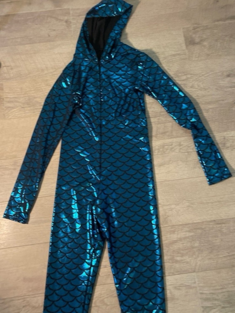 Shiny Teal Mermaid Scale Hooded Jumpsuit
